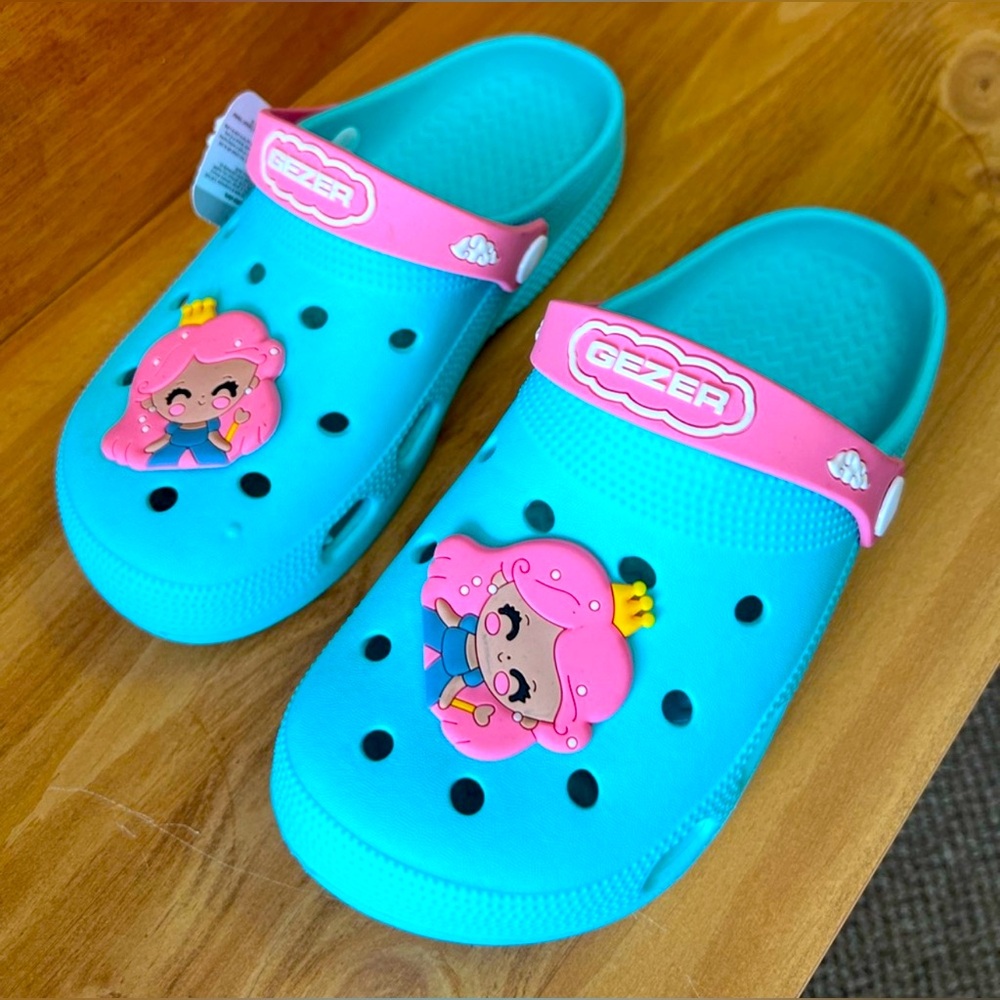 Kids Aqua and Pink Clogs